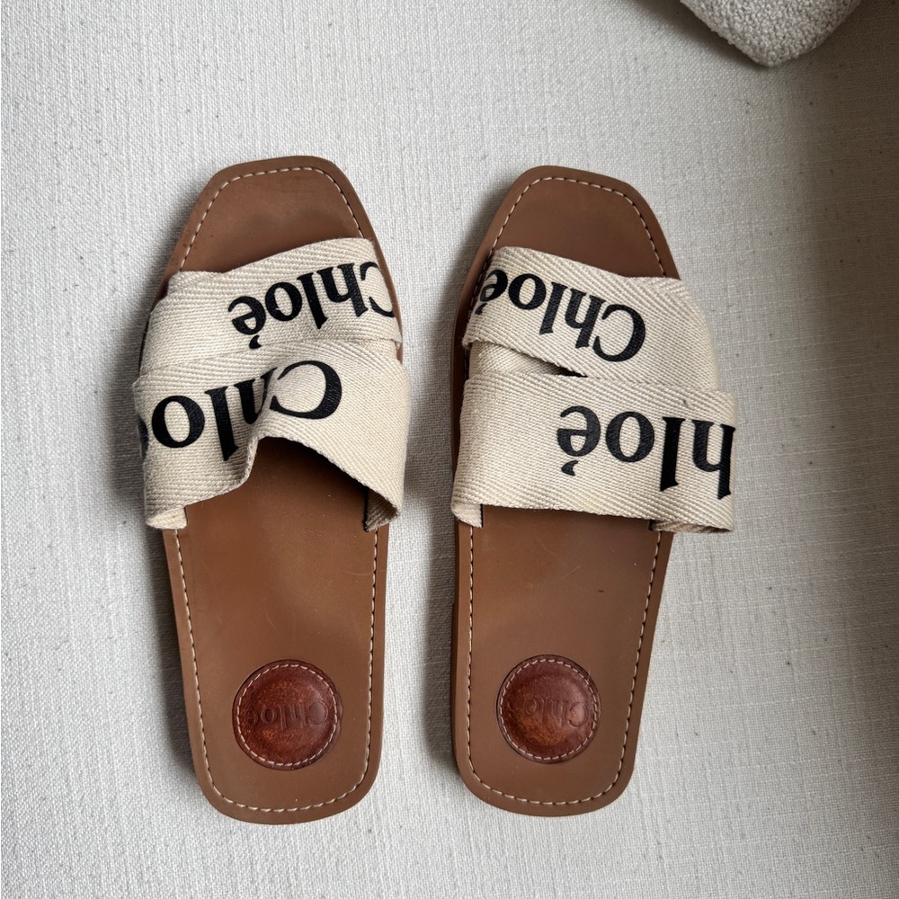 Women’s Sandals, Chloe Tan and Cream Logo Sandals